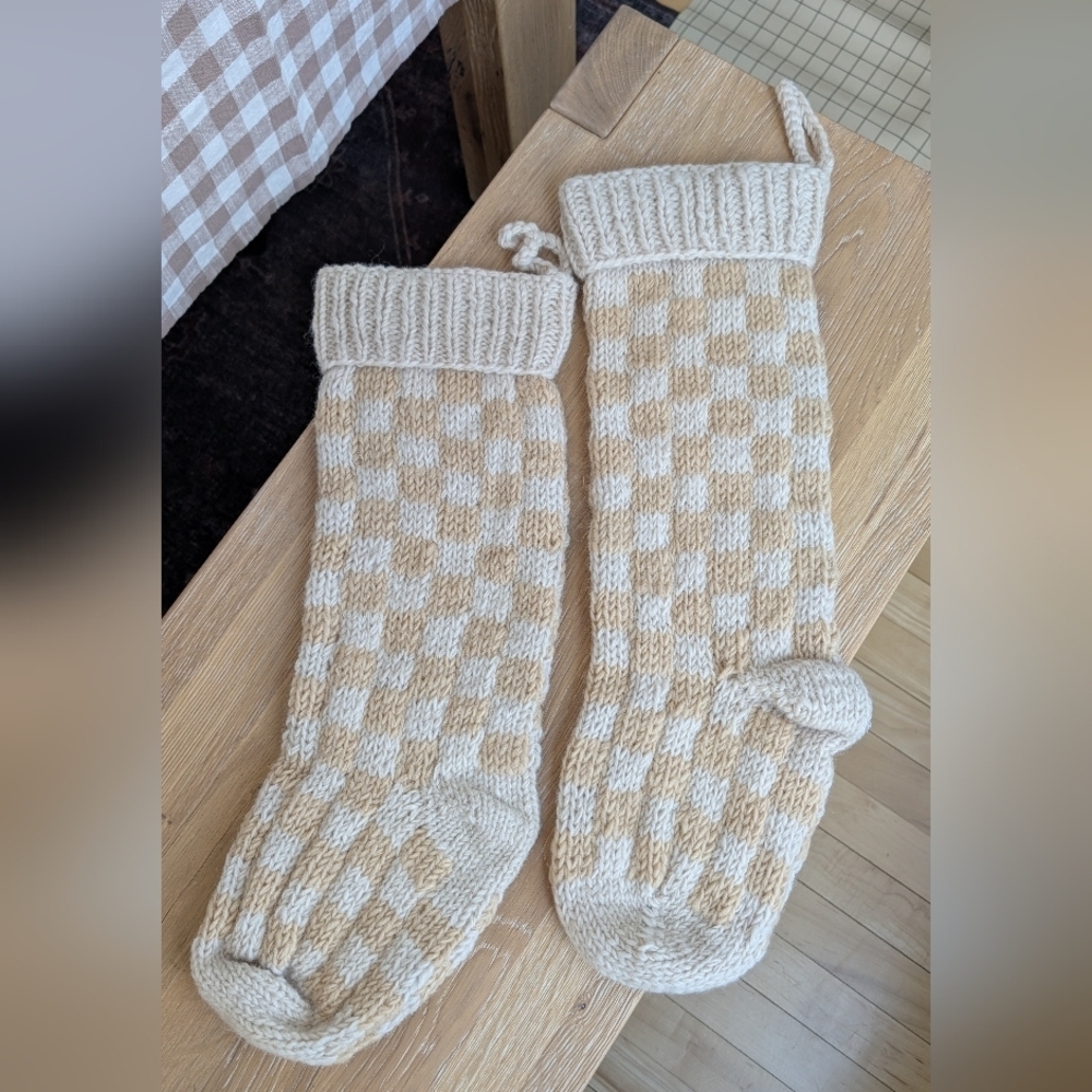 NWOT Pair Of Checkered Knit Holiday Stockings In Ivory/Tan
